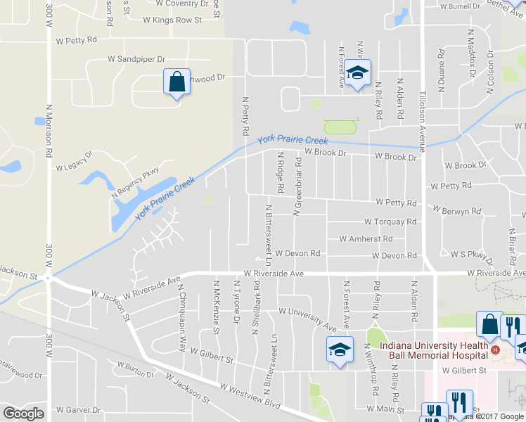 map of restaurants, bars, coffee shops, grocery stores, and more near 1101 North Bittersweet Lane in Muncie