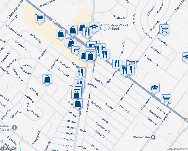 map of restaurants, bars, coffee shops, grocery stores, and more near 577 Maple Street in Warminster