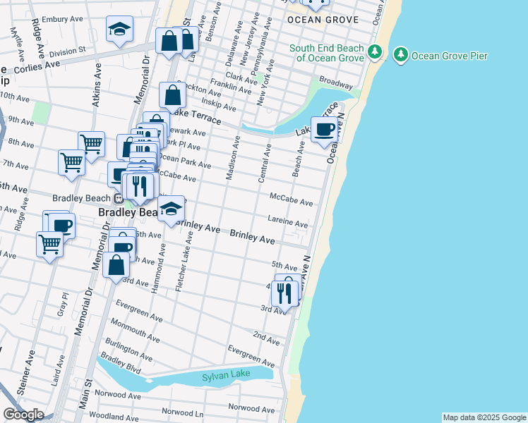 map of restaurants, bars, coffee shops, grocery stores, and more near 214 Lareine Avenue in Bradley Beach