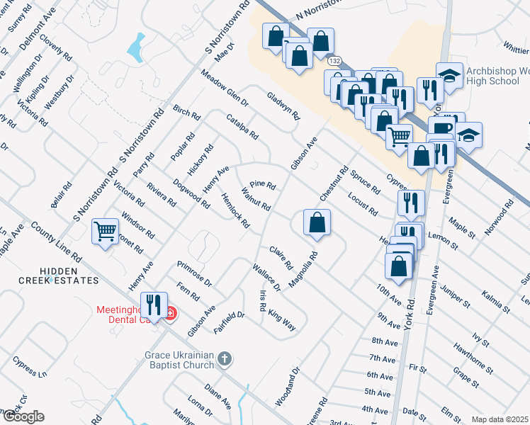 map of restaurants, bars, coffee shops, grocery stores, and more near 858 Walnut Road in Warminster