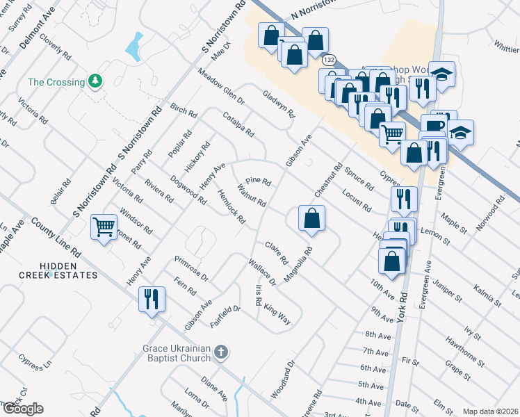map of restaurants, bars, coffee shops, grocery stores, and more near 840 Walnut Road in Warminster