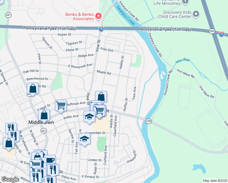 map of restaurants, bars, coffee shops, grocery stores, and more near 640 Adelia Street in Middletown