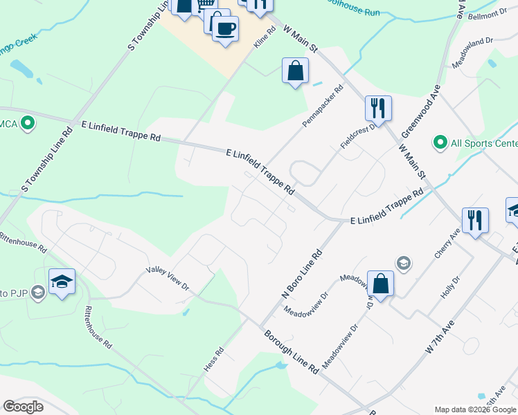 map of restaurants, bars, coffee shops, grocery stores, and more near 361 Ridgewood Drive in Royersford