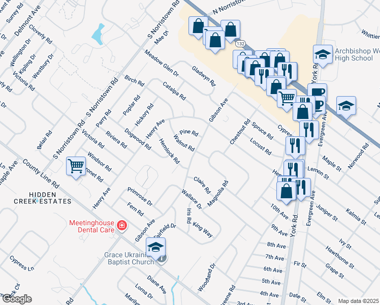 map of restaurants, bars, coffee shops, grocery stores, and more near 858 Walnut Road in Warminster