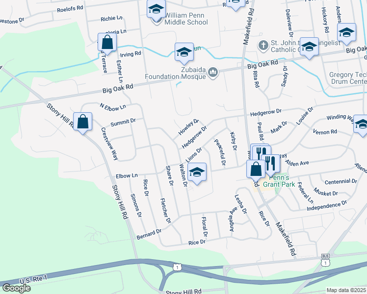 map of restaurants, bars, coffee shops, grocery stores, and more near 12 Hedgerow Drive in Morrisville
