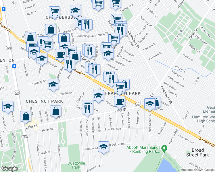 map of restaurants, bars, coffee shops, grocery stores, and more near 1272 South Broad Street in Trenton