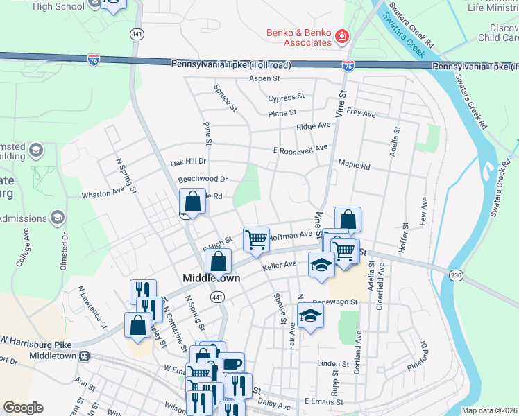 map of restaurants, bars, coffee shops, grocery stores, and more near 227 East High Street in Middletown