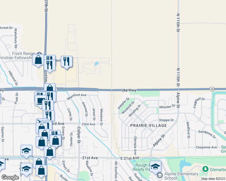 map of restaurants, bars, coffee shops, grocery stores, and more near 11100 Ute Highway in Longmont