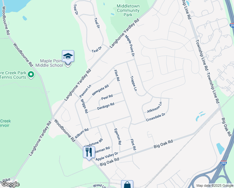 map of restaurants, bars, coffee shops, grocery stores, and more near 226 Peel Road in Langhorne