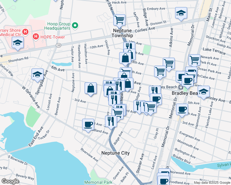 map of restaurants, bars, coffee shops, grocery stores, and more near 717 New Jersey 35 in Neptune City