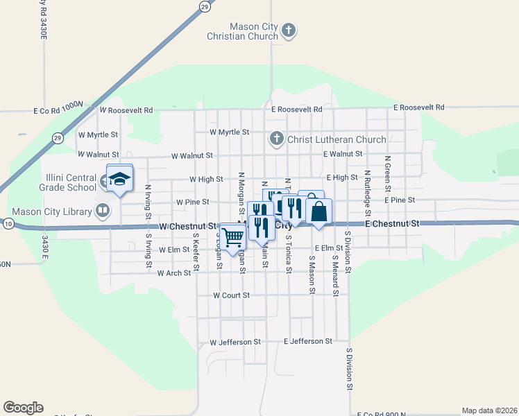 map of restaurants, bars, coffee shops, grocery stores, and more near in Mason City