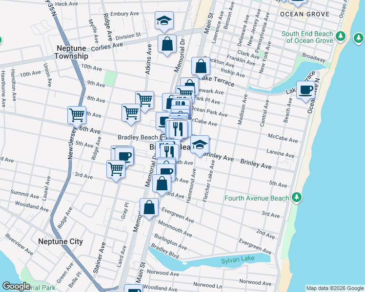 map of restaurants, bars, coffee shops, grocery stores, and more near 618 Main Street in Bradley Beach