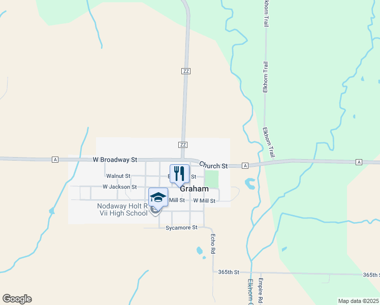 map of restaurants, bars, coffee shops, grocery stores, and more near 201 East Broadway Street in Graham