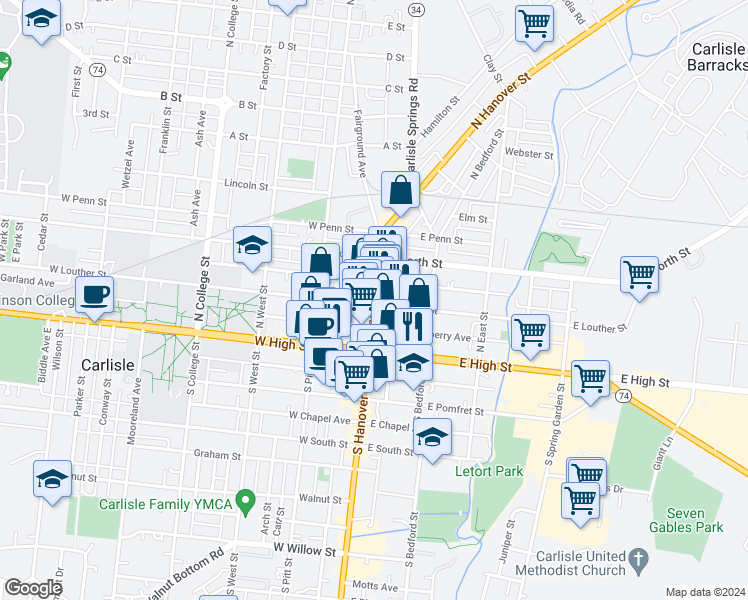 map of restaurants, bars, coffee shops, grocery stores, and more near 103 North Hanover Street in Carlisle