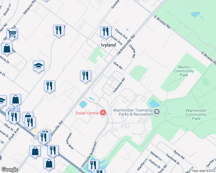 map of restaurants, bars, coffee shops, grocery stores, and more near 14 Lacey Lane in Ivyland