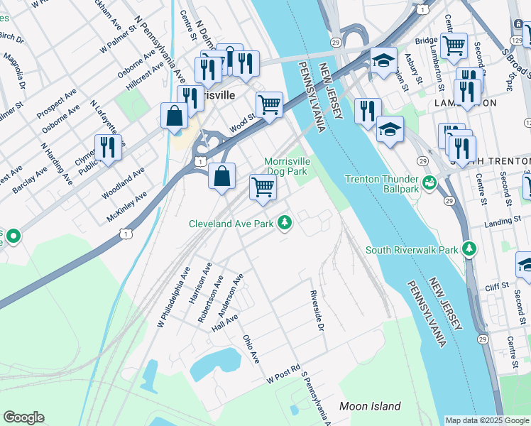 map of restaurants, bars, coffee shops, grocery stores, and more near 103 Delaware Avenue in Morrisville