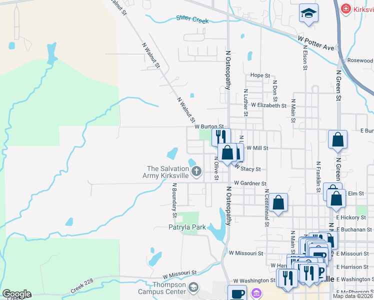 map of restaurants, bars, coffee shops, grocery stores, and more near 1099 West Locust Street in Kirksville