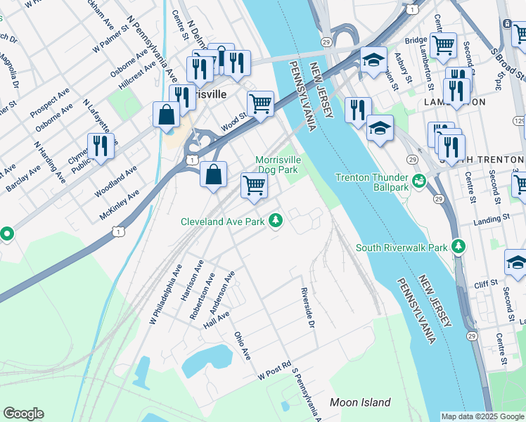map of restaurants, bars, coffee shops, grocery stores, and more near 109 Delaware Avenue in Morrisville