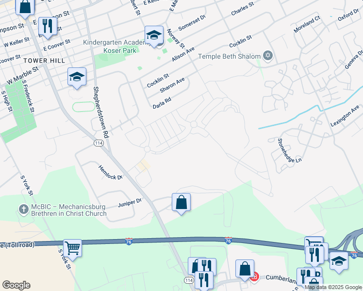 map of restaurants, bars, coffee shops, grocery stores, and more near 318 Edge Towne Lane in Mechanicsburg