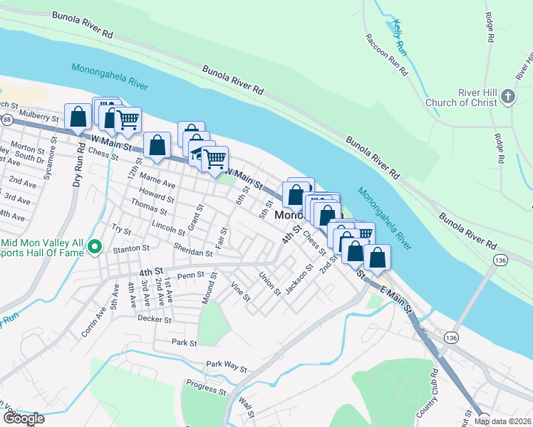 map of restaurants, bars, coffee shops, grocery stores, and more near 315 5th Street in Monongahela