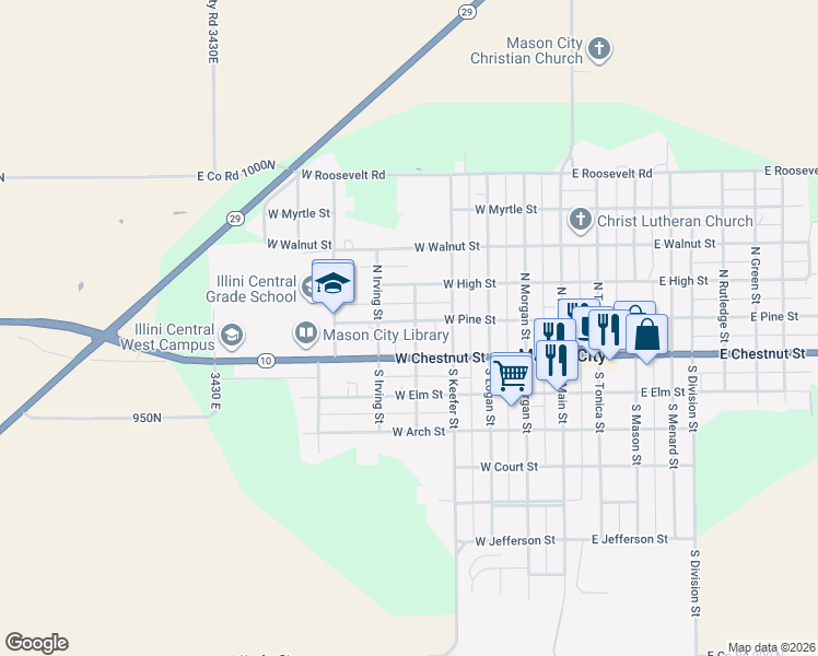 map of restaurants, bars, coffee shops, grocery stores, and more near 501 West Pine Street in Mason City