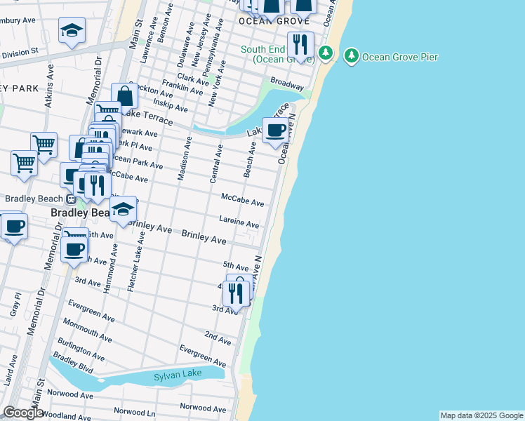 map of restaurants, bars, coffee shops, grocery stores, and more near 705 Ocean Avenue in Bradley Beach