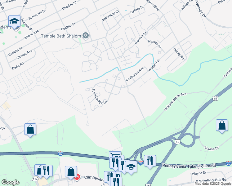 map of restaurants, bars, coffee shops, grocery stores, and more near Stonehedge Lane in Mechanicsburg
