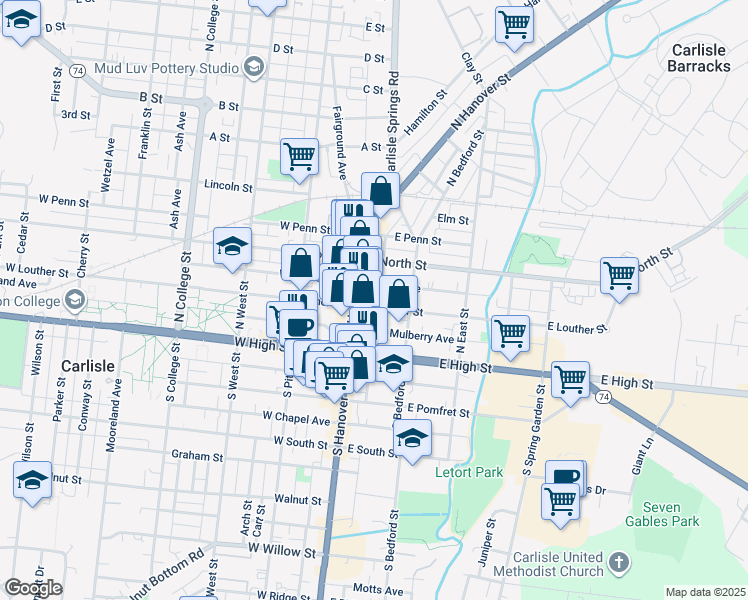 map of restaurants, bars, coffee shops, grocery stores, and more near 4 East Louther Street in Carlisle