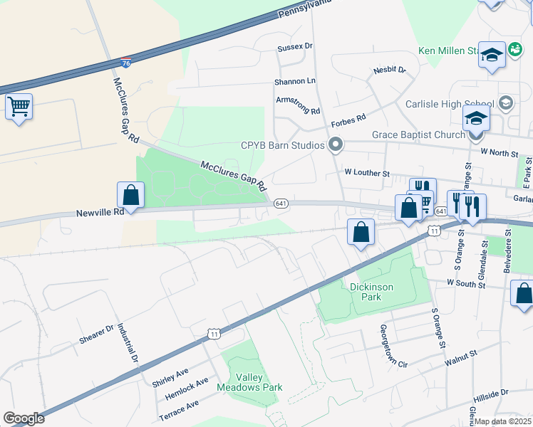 map of restaurants, bars, coffee shops, grocery stores, and more near 1100 Newville Road in Carlisle