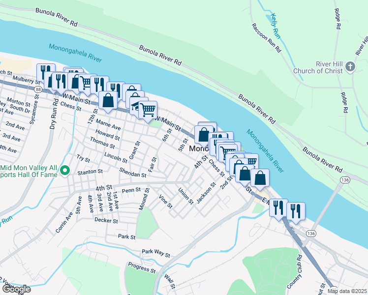 map of restaurants, bars, coffee shops, grocery stores, and more near 315 5th Street in Monongahela