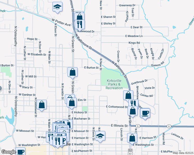 map of restaurants, bars, coffee shops, grocery stores, and more near 601-699 Windsong Dr in Kirksville