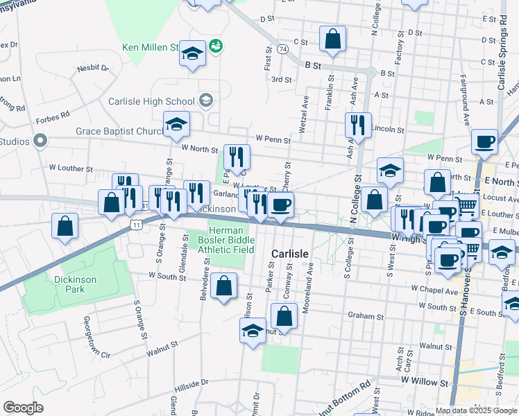 map of restaurants, bars, coffee shops, grocery stores, and more near 575 West High Street in Carlisle