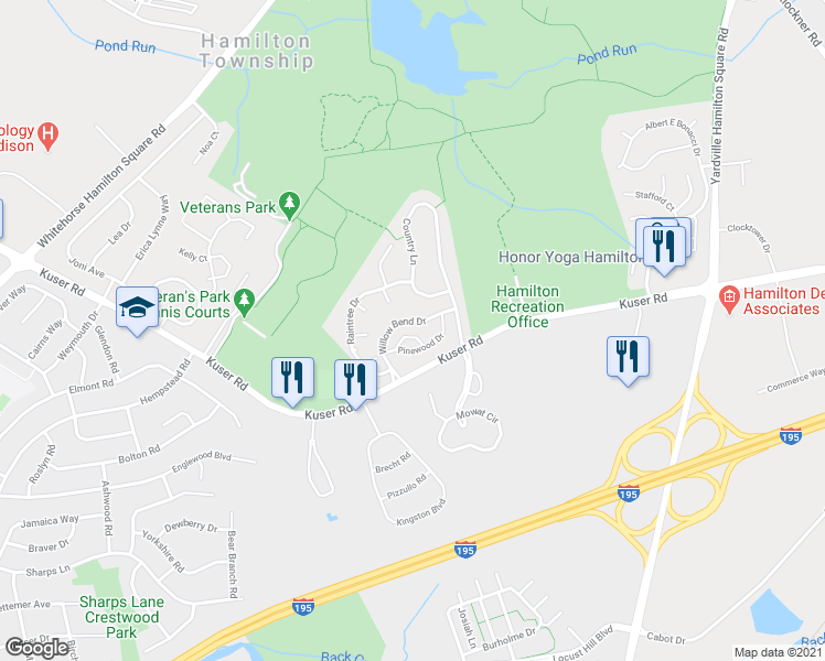 map of restaurants, bars, coffee shops, grocery stores, and more near 69 Pinewood Drive in Hamilton Township