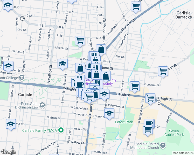 map of restaurants, bars, coffee shops, grocery stores, and more near 105 North Hanover Street in Carlisle