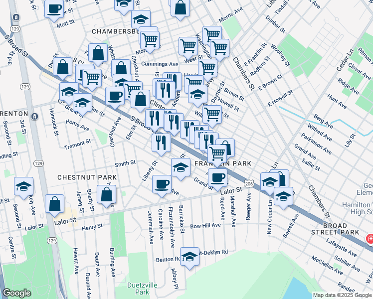 map of restaurants, bars, coffee shops, grocery stores, and more near S Broad St & Dayton St in Trenton