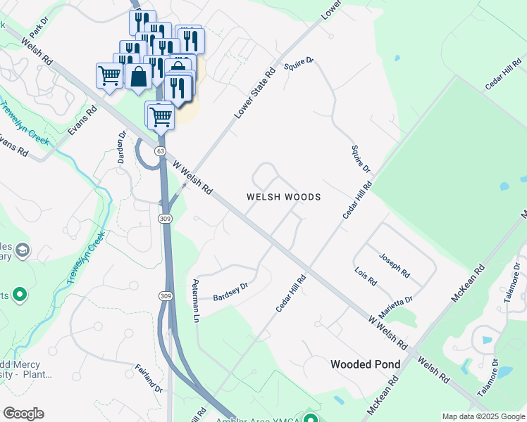 map of restaurants, bars, coffee shops, grocery stores, and more near 747 Thoreau Lane in Ambler