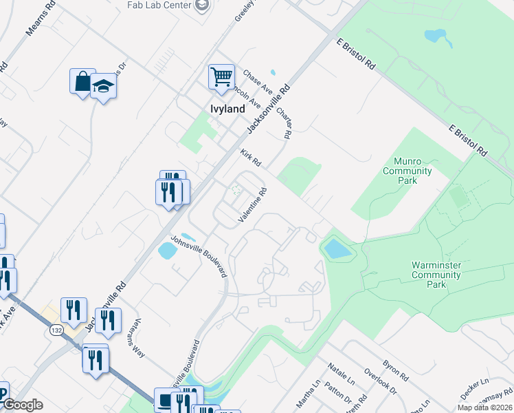 map of restaurants, bars, coffee shops, grocery stores, and more near 47 Valentine Road in Ivyland