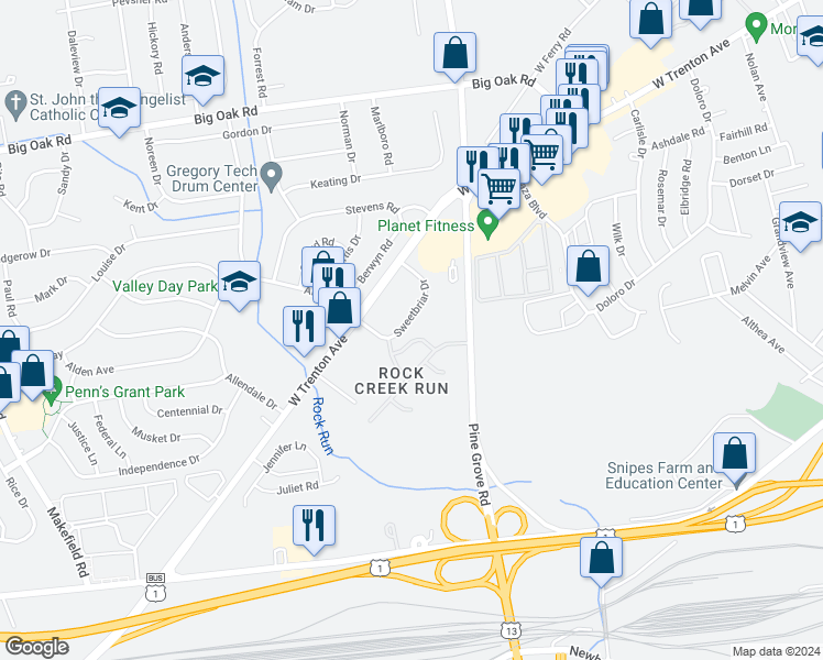 map of restaurants, bars, coffee shops, grocery stores, and more near 10 Greenwood Road in Yardley