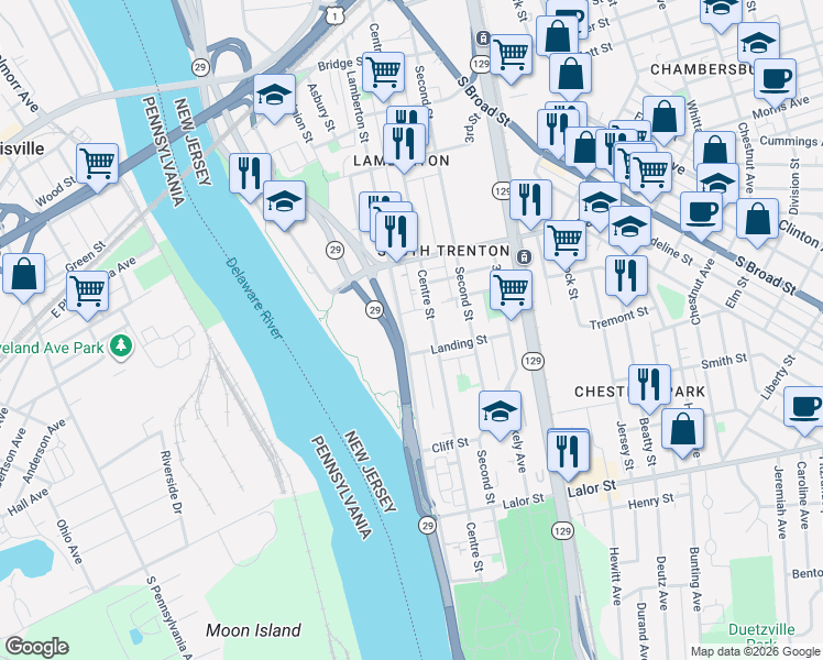 map of restaurants, bars, coffee shops, grocery stores, and more near 886 Lamberton Street in Trenton