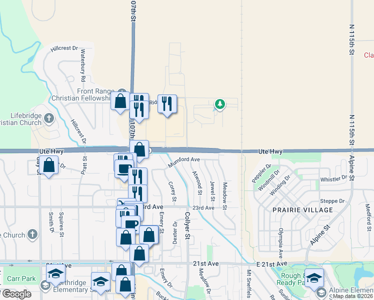 map of restaurants, bars, coffee shops, grocery stores, and more near 218 Mumford Avenue in Longmont