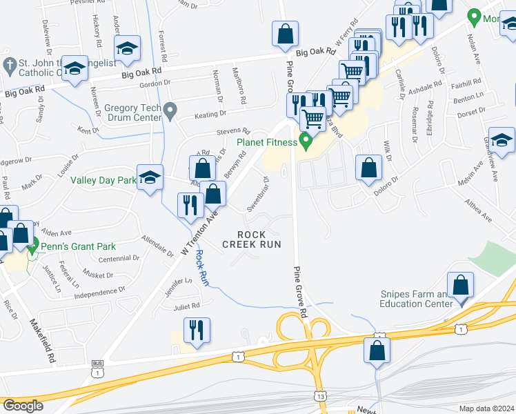 map of restaurants, bars, coffee shops, grocery stores, and more near 10 Greenwood Road in Yardley