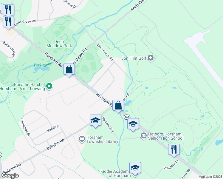 map of restaurants, bars, coffee shops, grocery stores, and more near 315 Evergreen Rd in Horsham