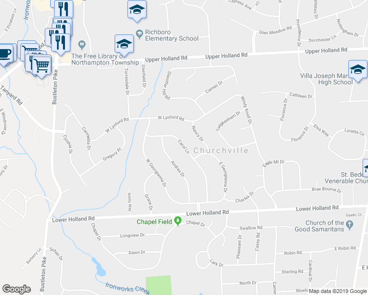 map of restaurants, bars, coffee shops, grocery stores, and more near 64 Carol Lane in Richboro