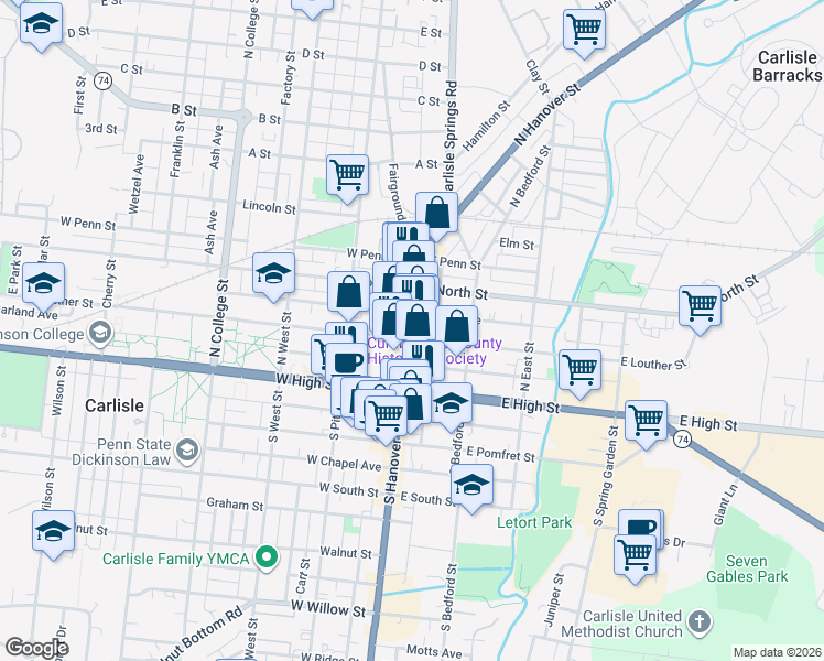 map of restaurants, bars, coffee shops, grocery stores, and more near 107 North Hanover Street in Carlisle