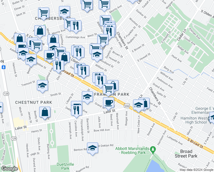 map of restaurants, bars, coffee shops, grocery stores, and more near 1013 Genesee Street in Trenton