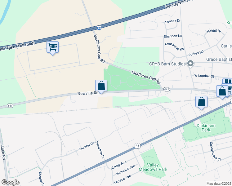 map of restaurants, bars, coffee shops, grocery stores, and more near 1198 Newville Road in Carlisle