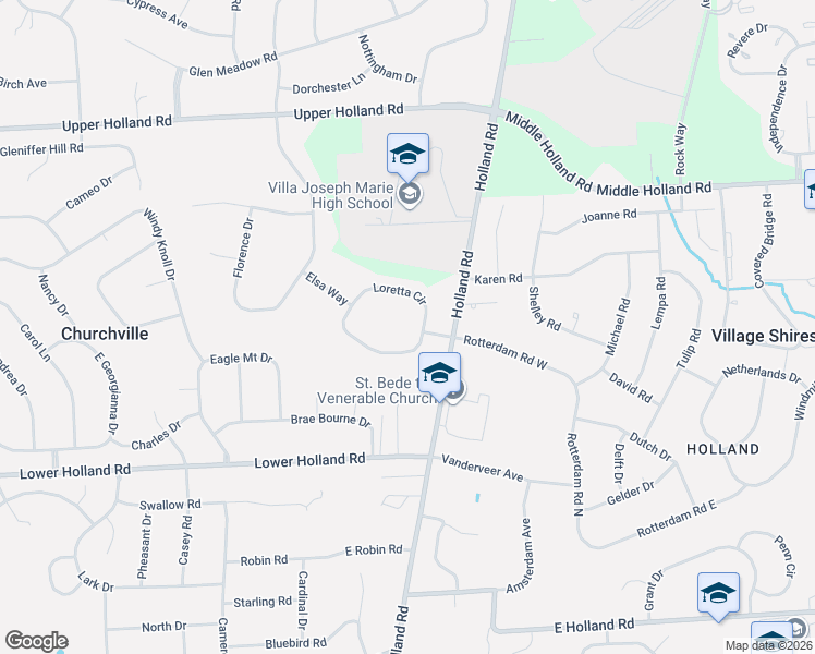 map of restaurants, bars, coffee shops, grocery stores, and more near 47 Loretta Circle in Richboro