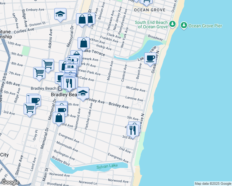 map of restaurants, bars, coffee shops, grocery stores, and more near in Bradley Beach