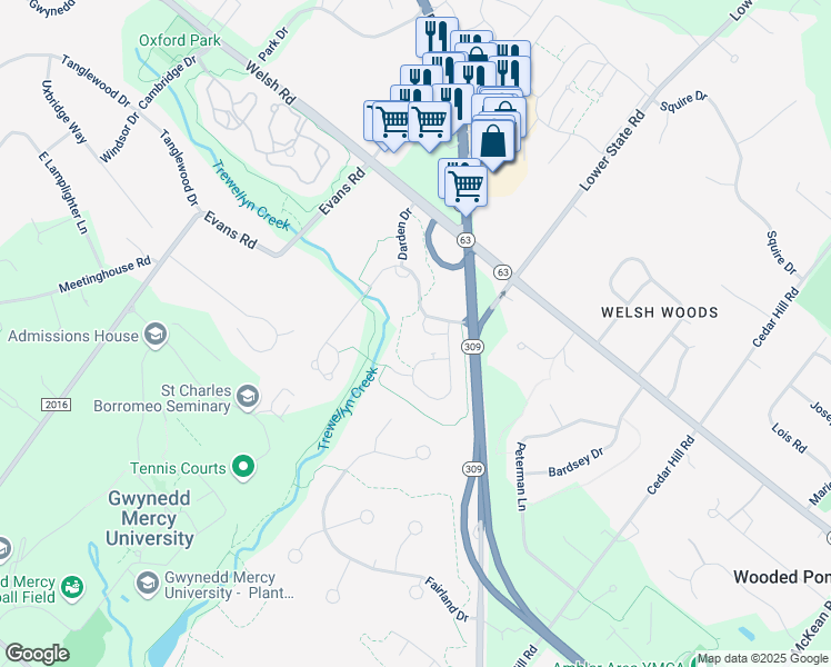 map of restaurants, bars, coffee shops, grocery stores, and more near 1275 Johnson Lane in Spring House