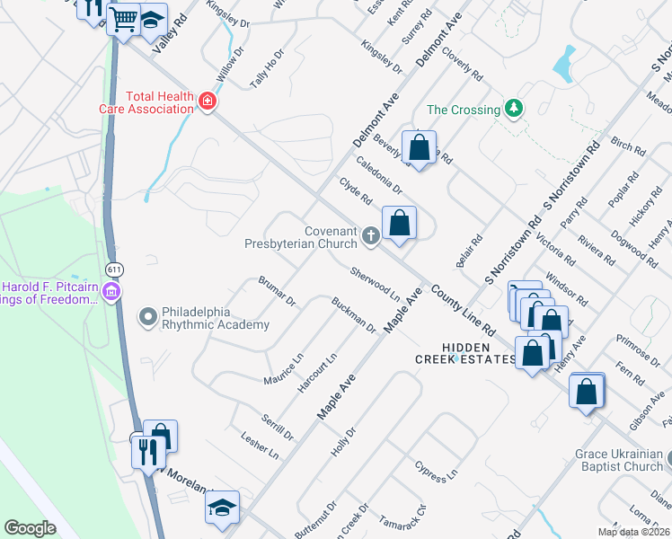 map of restaurants, bars, coffee shops, grocery stores, and more near 525 Sherwood Lane in Hatboro